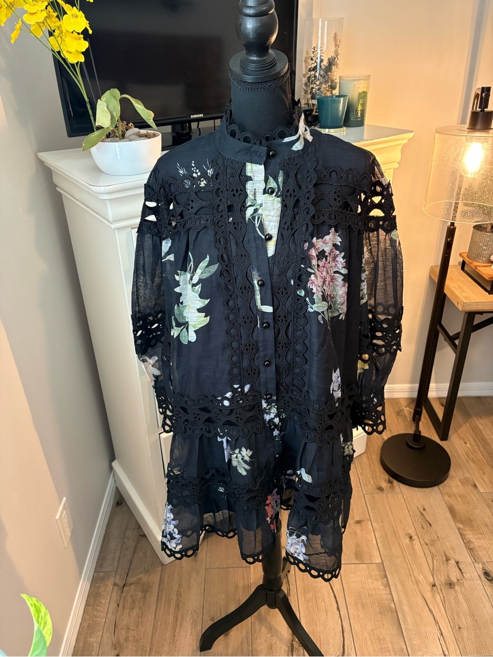 BeulahStyle Black Floral Long Sleeve Lace-Trim Dress